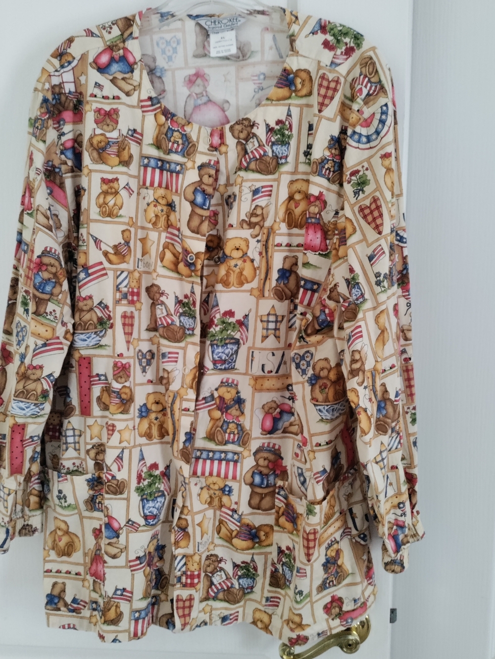 Cherokee Long Sleeve Scrub Jacket  Multicolor Teddy Patriotic Pattern- Xl